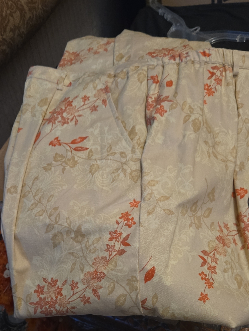 Coldwater Creek Beige Floral Boot Cut Pants with Orange Accents 18w